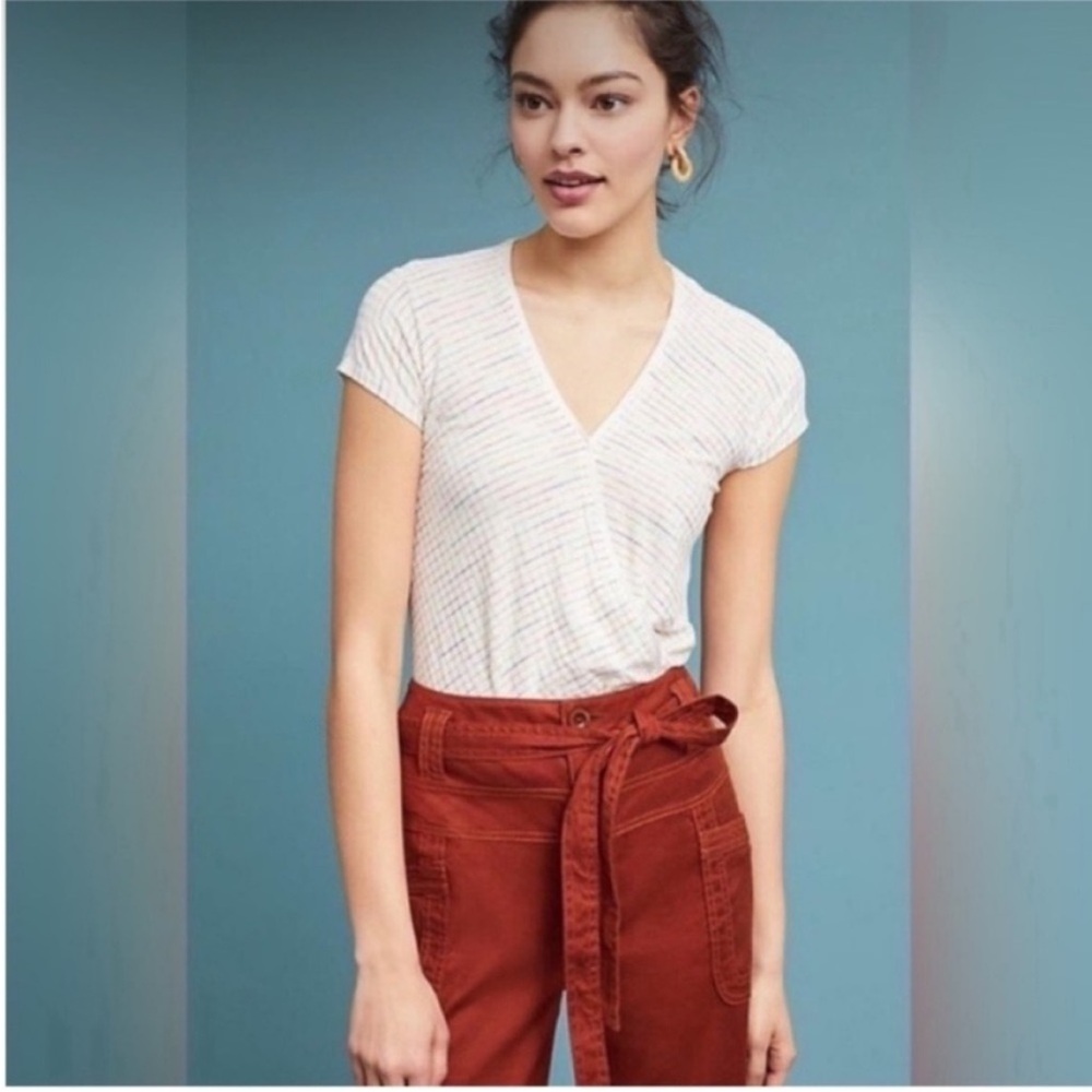 Anthropologie Maeve Leila Faux Wrap Rainbow Stripe Top